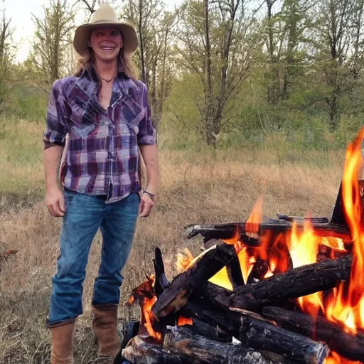 Image similar to photo of hillbilly with long blonde hair around a bonfire