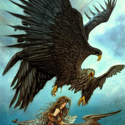 Image similar to giant eagle eating a flying harpy with huge eagle wings being eaten by giant eagle eating her face, d & d, fantasy, luis royo, magali villeneuve, donato giancola, wlop, krenz cushart, hans zatka, klimt, alphonse mucha