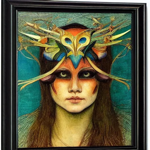 Image similar to the dawn queen with her bird mask, by annie swynnerton and diego rivera and elihu vedder, symbolist, dramatic lighting, elaborate geometric ornament, art brut, soft cool colors, smooth, sharp focus, extremely detailed, leo and diane dillon