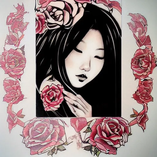 Image similar to tattoo design, stencil, traditional, portrait of a beautiful japanese girl framed by roses by artgerm, artgerm