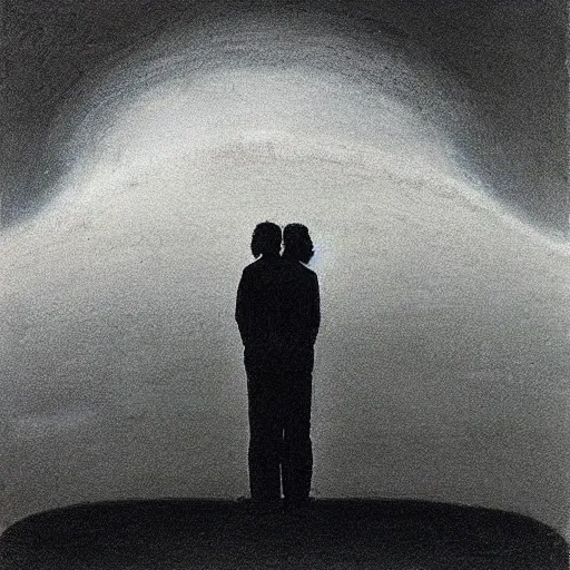 Image similar to “ close up of two men looking up the sky. the sky is totally black. art by zdzisław beksinski ” — w 1 9 2 0 — h 1 4 4 0 — steps 5 0