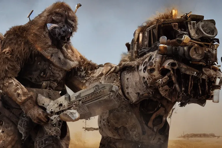 Image similar to a good ol'hyena fursona ( from the furry fandom ), heavily armed and armored facing down armageddon in a dark and gritty version from the makers of mad max : fury road. witness me.