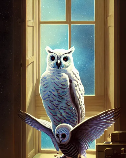 Prompt: polar owl delivers an envelope at the window - sill, by artgerm, victo ngai, ryohei hase, artstation, highly detailed digital painting, smooth, global illumination, art by john james audubon by greg rutkowsky, karl spitzweg, leyendecker