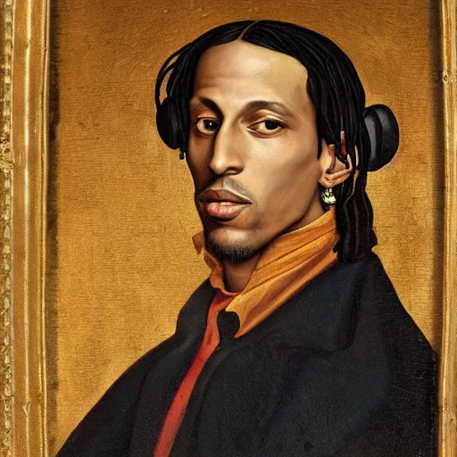 Image similar to a renaissance style portrait painting of travis scott