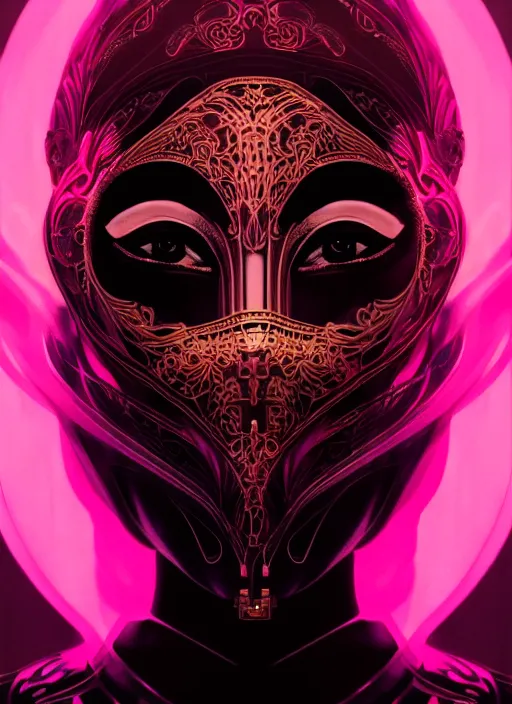 Prompt: centered portrait of a beautiful masked woman wearing a venetian mask, intricate concept art, ethereal, highly detailed, artstation, smooth, cyberpunk darksynth, cinematic, mist, dramatic neon lighting, illuminated lines, outrun, vaporware, by ruan jia and ilya kuvshinov and liam wong and alphonse mucha