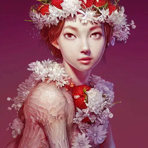 Image similar to the portrait of an absurdly beautiful, graceful, elegant, sophisticated young gravure idol made of strawberries and white petals wearing a dress, an ultrafine hyperdetailed illustration by kim jung gi, irakli nadar, intricate linework, bright colors, octopath traveler, final fantasy, unreal engine 5 highly rendered, global illumination, radiant light, detailed and intricate environment