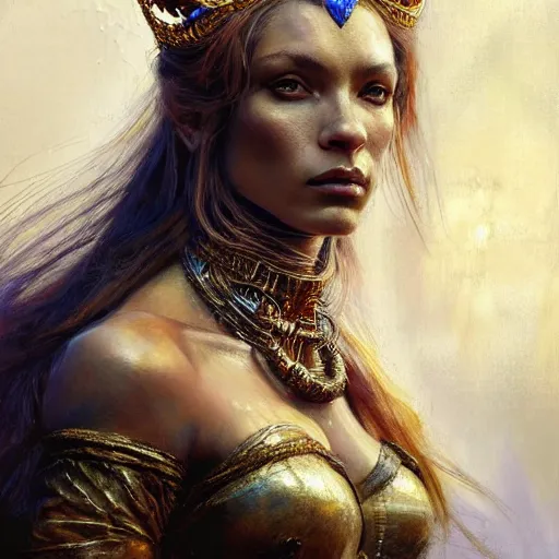 Image similar to highly detailed portrait of a majestic lioness queen in the form of a beautiful woman. d & d, art by gerald brom and ruan jia and carl larsson. trending on artstation, intricate details, energetic composition, golden ratio, concept art, illustration, elegant art