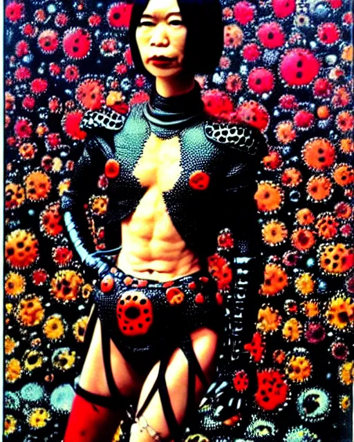 Image similar to portrait of a skinny punk goth yayoi kusama wearing armor by simon bisley, john blance, frank frazetta, fantasy, thief warrior, floral flowers colorful