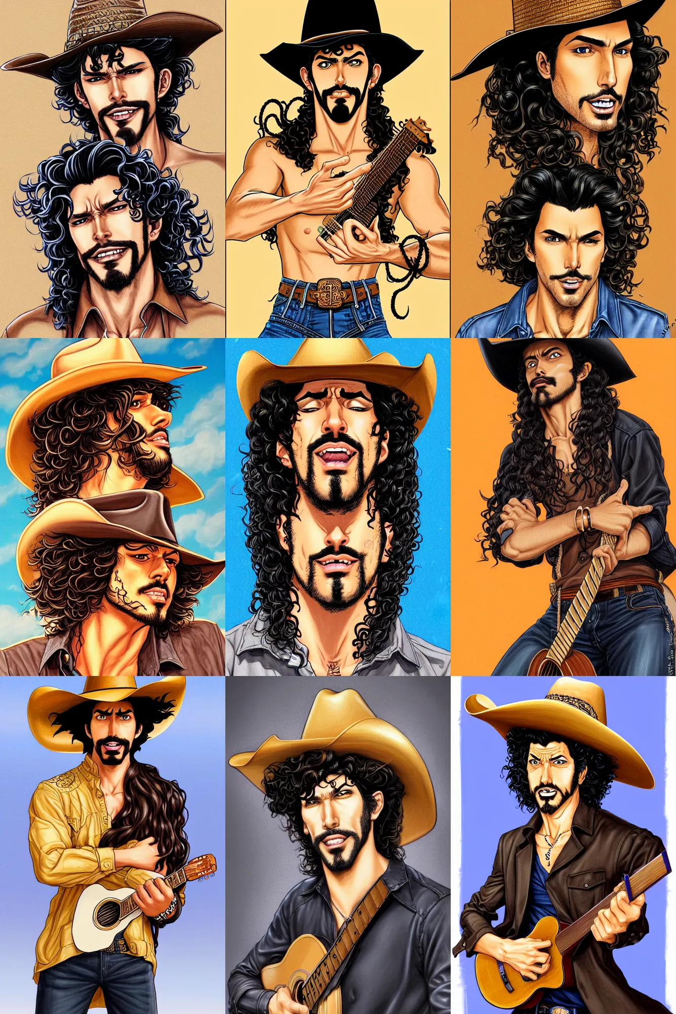 Prompt: illustration of a handsome!! man with long black curly hair + tan skin + anchor goatee, guitar | wearing a cowboy hat | art by hirohiko araki & jean giraud & artgerm & jack kirby | artstation, character design, concept art, full body, digital painting | intricate, high detail, smooth, sharp focus