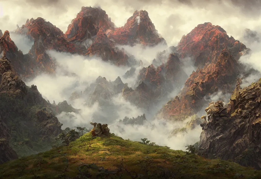 Image similar to vulcano without people, high trees, top of the hill, above low layered clouds, deep focus, fantasy, intricate, elegant, highly detailed, digital painting, artstation, concept art, matte, sharp focus, illustration, hearthstone, art by rhads and artgerm and greg rutkowski and alphonse mucha. gediminas pranckevicius