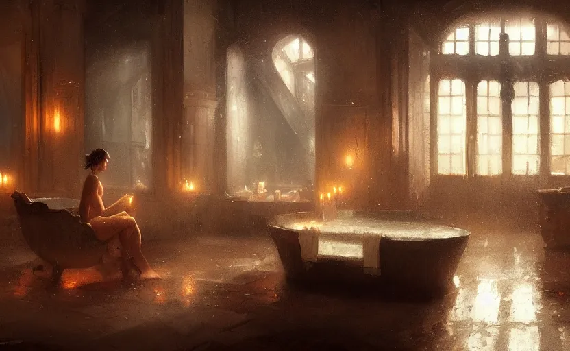 Prompt: painting of an interior of a bath house with candles by greg rutkowski and craig mullins, cozy atmospheric and cinematic lighting, trending on artstation