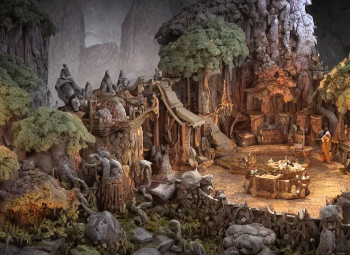 Prompt: detailed octane render of a claymation isometric diorama of moria, balrog, gandalf, detailed, by joop geesink, wes anderson, jim henson, brian froud, breathtaking, 8 k resolution, beautiful lighting, studio light, extremely detailed, establishing shot, realistic materials, hyperrealistic