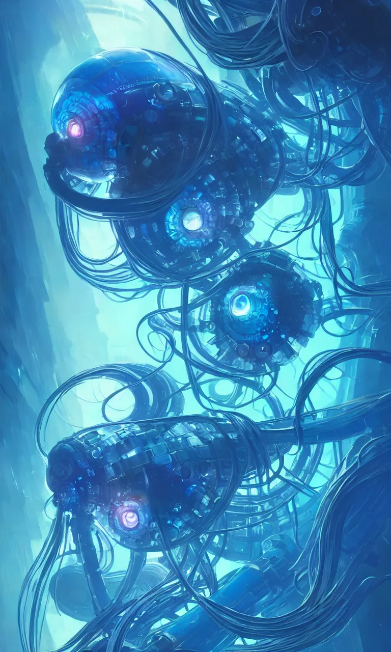 Image similar to detailed cyberpunk jellyfish, blue tones, underwater, full frame, highly detailed, digital painting, artstation, concept art, smooth, sharp focus, illustration, art greg rutkowski and alphonse mucha