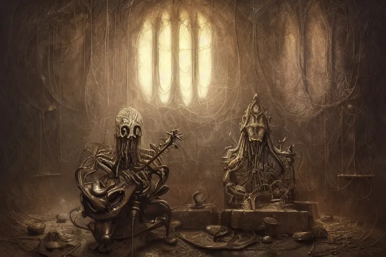 Prompt: still life of a cursed carved wooden baroque demonic oud with ebony inlay and strings of pain, designed by brian froud and hr giger leans against the wall alone, abandoned. an empty brutalist chamber, lonely, somber, a thin wisp of smoke rises from the lute. late afternoon lighting cinematic fantasy painting by jessica rossier