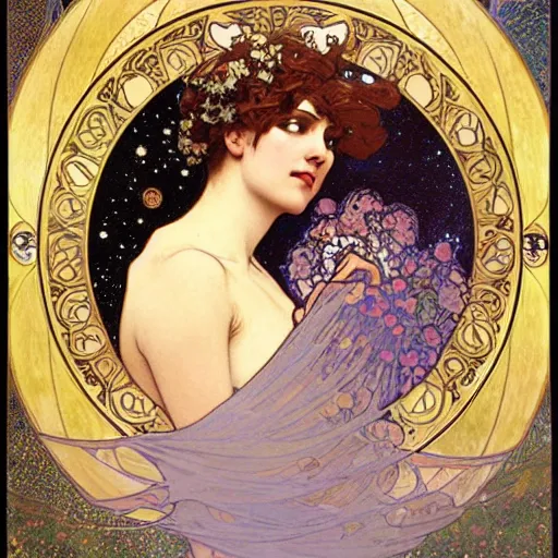 Image similar to salome among the stars beautiful detailed romantic art nouveau face portrait by alphonse mucha and gustav klimt, hauntingly beautiful refined moody celestial dreamscape