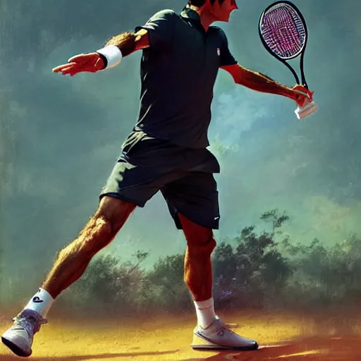 Image similar to roger federer playing tennis as a hero, picture by greg rutkowski, dynamic pose, intricate, futuristic, fantasy, elegant, by stanley artgerm lau, greg rutkowski, thomas kindkade, alphonse mucha, loish, norman rockwell,