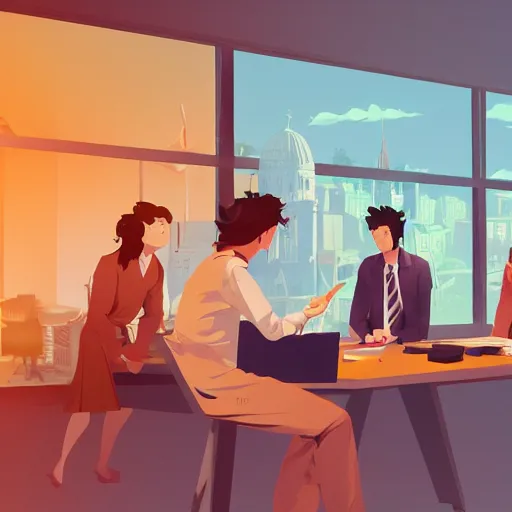 Image similar to team of sap employees in the office performing a due diligence to a startup based in italy. photoshop filter cutout vector behance hd by jesper ejsing, by rhads, makoto shinkai and lois van baarle, ilya kuvshinov, rossdraws, illustration, art by ilya kuvshinov