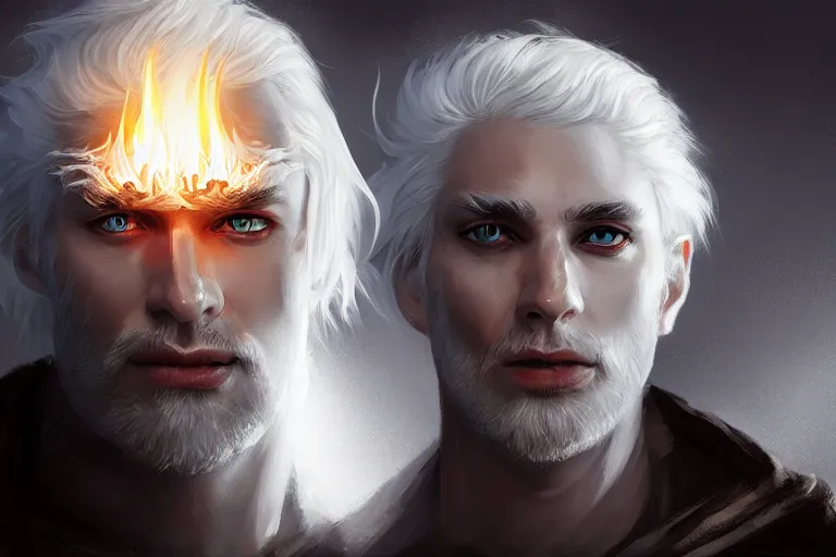 Prompt: « man, white hair, eyes as a flame of fire and out of his mouth came a sharp two - edged sword, grim - lighting, high - contrast, intricate, elegant, highly detailed, digital painting, artstation, concept art, smooth, sharp focus, illustration »