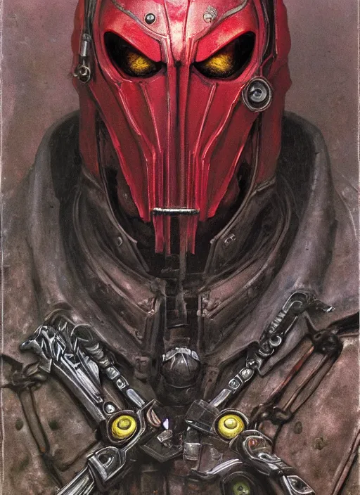 Image similar to portrait of rotten Nicolas Cage as adeptus mechanicus in red hood and robe from Warhammer 40000. Highly detailed, artstation, illustration by and John Blanche and zdislav beksinski and wayne barlowe and Gustav Klimt