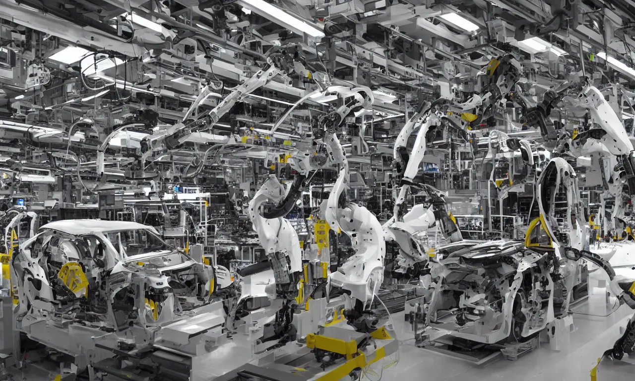 Prompt: car production line with robotic arms welding, big hall, white, bright, technology, modern, straight on, straight camera view