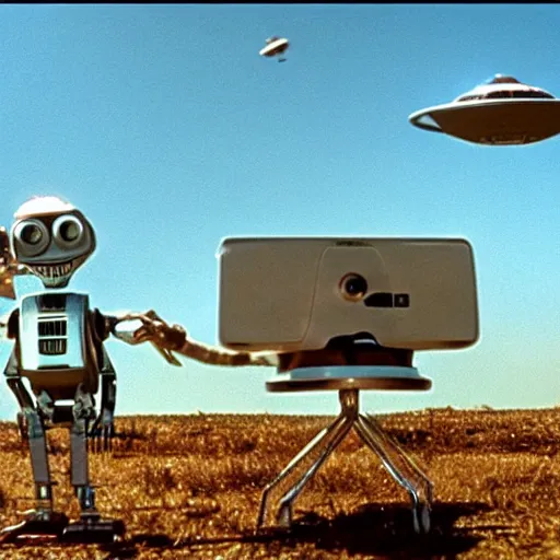 Image similar to johnny 5 and et flying a ufo together, cinematic, movie still