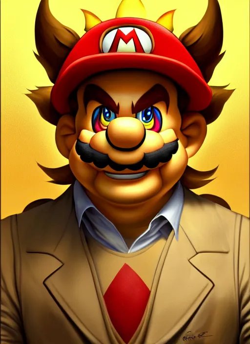 Image similar to oil portrait of bowser from super mario, intricate, elegant, highly detailed, lighting, painting, artstation, smooth, illustration, art by greg rutowski and alphonse mucha