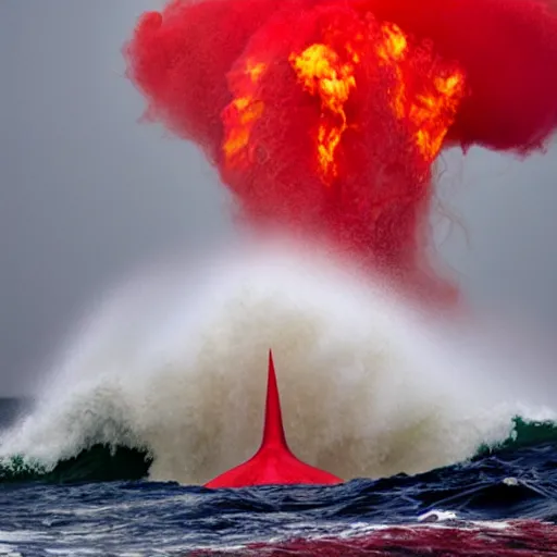 Prompt: a devilish red monster with horns emerging from boiling rough seas, photo by david lachapelle, s - 5 0