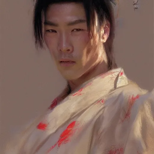 Image similar to a man wearing hanfu, muscular, detailed face, correct face, painting by Gaston Bussiere, Craig Mullins