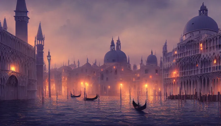 Image similar to Digital painting of Neo-Gothic Venice, wide view, volumetric light, hyperdetailed, artstation, cgsociety, 8k