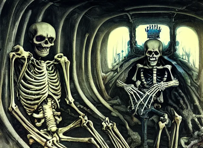 Prompt: a skeleton with a sinister crown slumped on a throne in a decrepit subway car, blue tinted colours, fluid, smooth, dark colours, high contrast, sharpness, beautiful, peaceful, very detailed, intricate, volumetric lighting, by giger and corben and moebius and beksinski and bosch and bacon