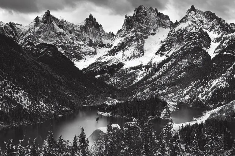 Prompt: small detailed dinosaur, valley, snowy peaks, by ansel adams, black and white, old, master photography