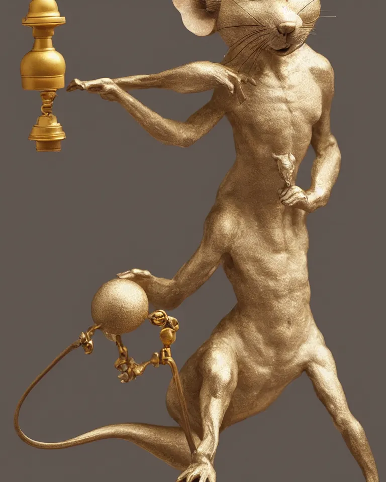 Prompt: a hyperrealistic, highly detailed statue of a mouse standing on two legs and holding a round bell made of white marble and gold, dramatic lighting, trending on artstation, sigma 5 0, hyper realisitic