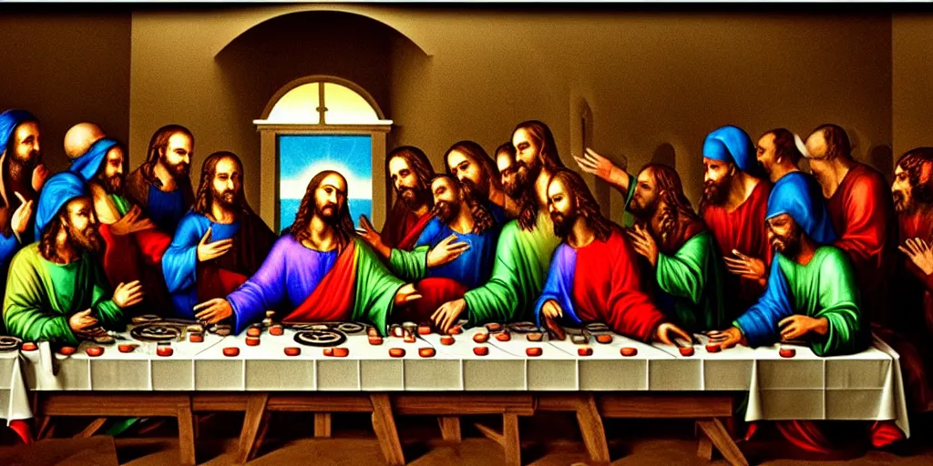 Prompt: the last supper as a rave, jesus is a dj in font of turntables, the apostles are ravers, cinematic lighting, dslr