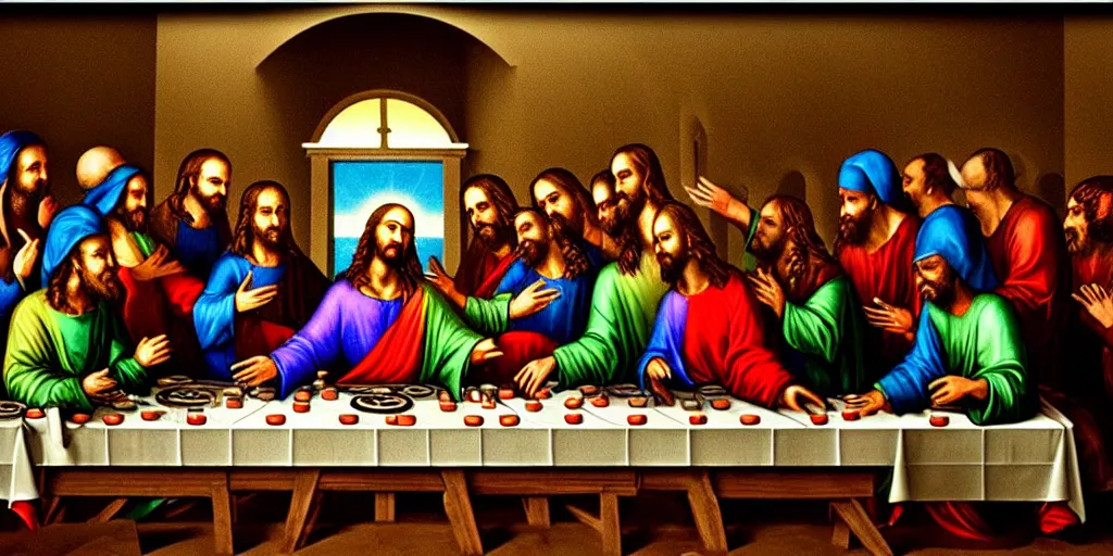 Image similar to the last supper as a rave, jesus is a dj in font of turntables, the apostles are ravers, cinematic lighting, dslr