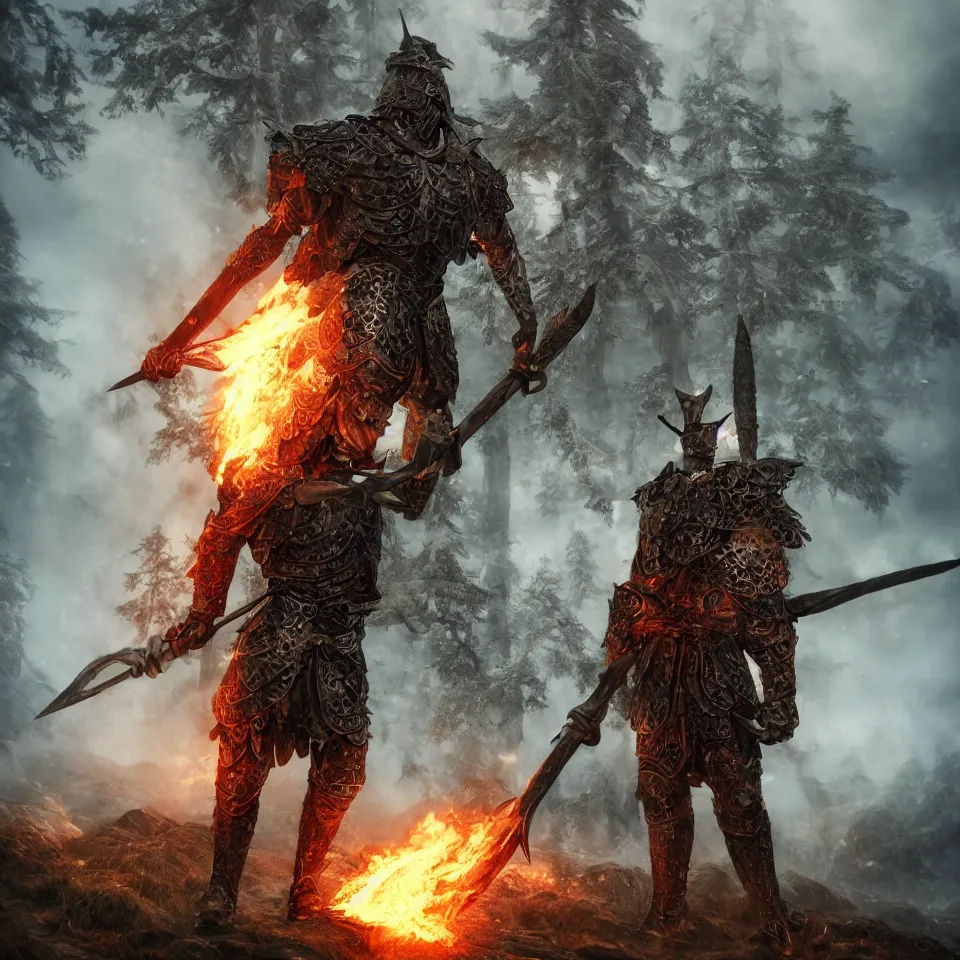 Image similar to full-body-portrait photo brutal nordic Warrior, wearing intricate steel armor, holding magical fiery battle-axe, sharp focus, highland landscape with few trees background, magical aura, heroic pose, fantasy style, octane render, volumetric lighting, 8k high definition, highly detailed, trending on ArtStation, centered