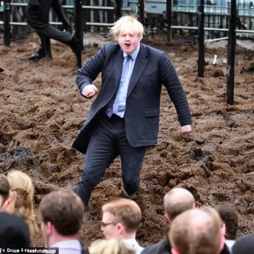 Prompt: several clones of boris johnson raving in a muddy mosh pit
