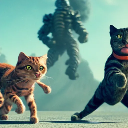 Image similar to a cinematic fill still from a 2015 movie where anthropomorphic cats battle with aliens, in the style of Quentin Tarantino, shallow depth of focus