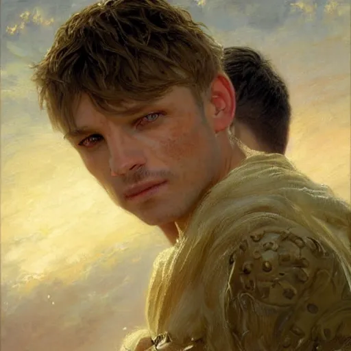 Image similar to attractive arthur pendragon confesses his love to attractive male merlin. highly detailed painting by gaston bussiere, craig mullins, j. c. leyendecker 8 k