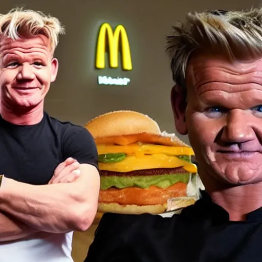 Image similar to gordon ramsay very happy to be at mcdonalds