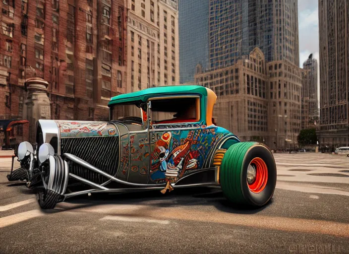 Image similar to touring chicago in a 1 9 3 0 model a ford hot rod, lowbrow style painting by jasmine becket - griffith and danny flynn 8 k resolution, octane render, detailed painting