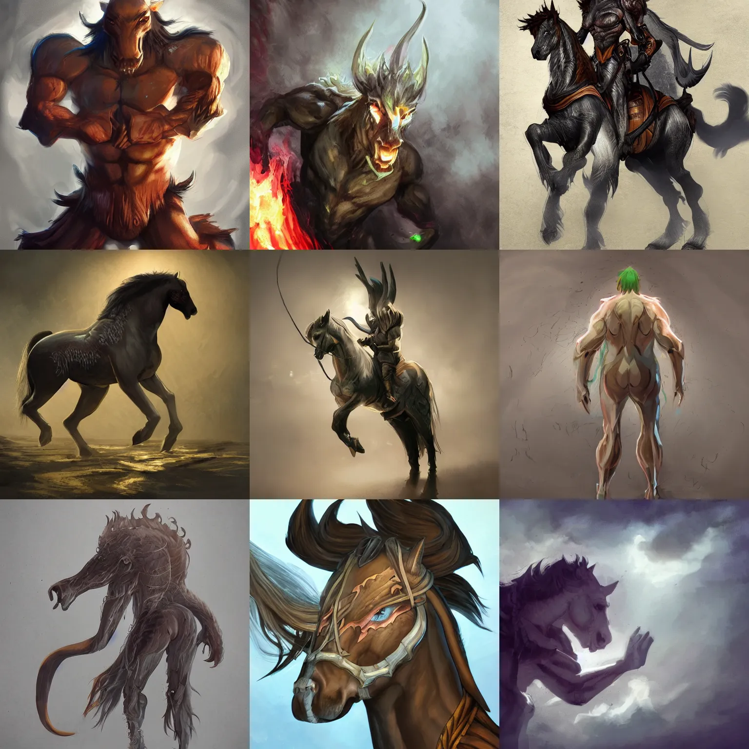 Prompt: studio photo of a dramatic lighting, character design of a horse human monster trending on artstation. monster character,