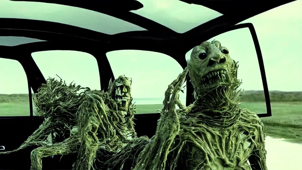 Image similar to the creature sits in a car, made of wax and metal, they vibin', film still from the movie directed by Denis Villeneuve and David Cronenberg with art direction by Salvador Dalí, wide lens