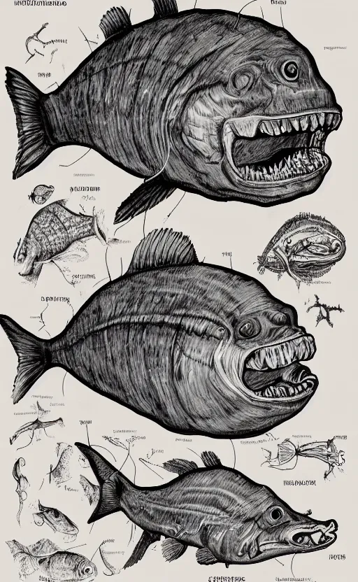 Prompt: a page of anglerfish anatomy illustration, highly detailed