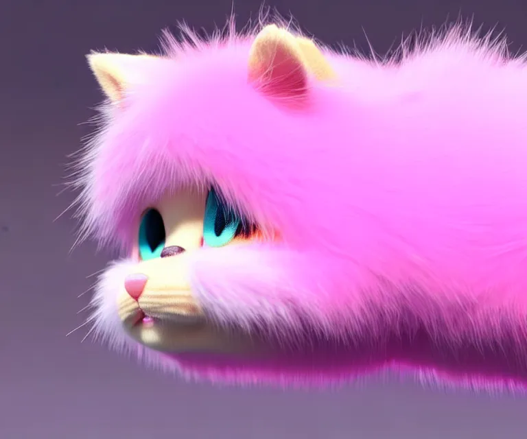 Image similar to high quality 3 d render hyperrealistic very cute small cat, plush mascot, short spiky dense fluffy smooth hair, photo from the side, pink fluffy fur, 1 5 0 mm, beautiful natural soft light, rim light, vray, smooth background, artstation, ultra detailed