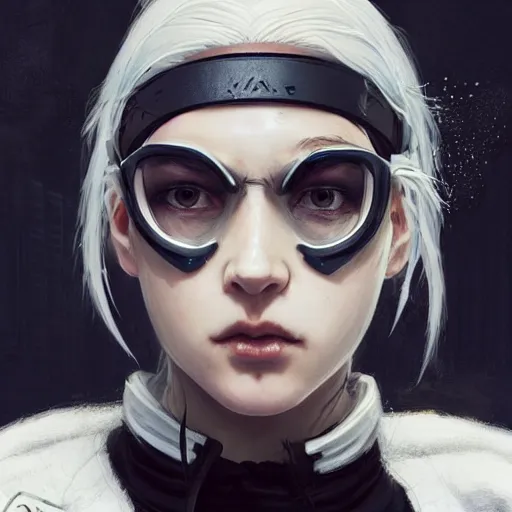 Image similar to very cool girl white hair girl with mask, streetwear, techwear, cyberpunk style outfit, full body, nose piercing, detailed portrait, intricate complexity, by greg rutkowski, cushart krentz, artgerm, ross tran, conrad roset, takato yomamoto, ilya kuvshinov. 4 k, beautiful, cinematic dramatic atmosphere, portrait lighting