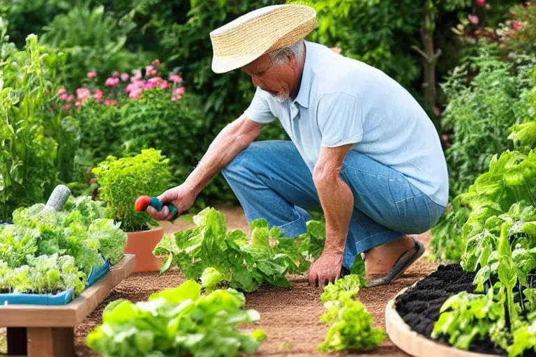 Prompt: middle - age - man wearing a straw hat looking down to the ground kneeling beside a healthy luscious beautiful vegetable garden with gardening tool leaning by his side