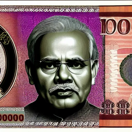 Prompt: 2000 rupees currency note with Narendra Modi's face on it, designed by H R Giger, the note also has a nano chip, pink,