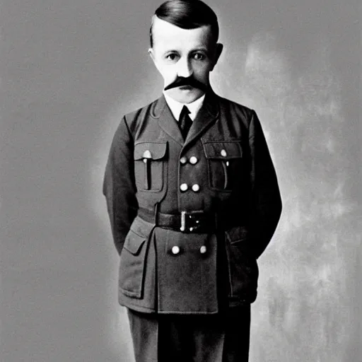 Image similar to full length photo of a child adolf hitler standing carrying school books, hitler moustache, digital art, full color