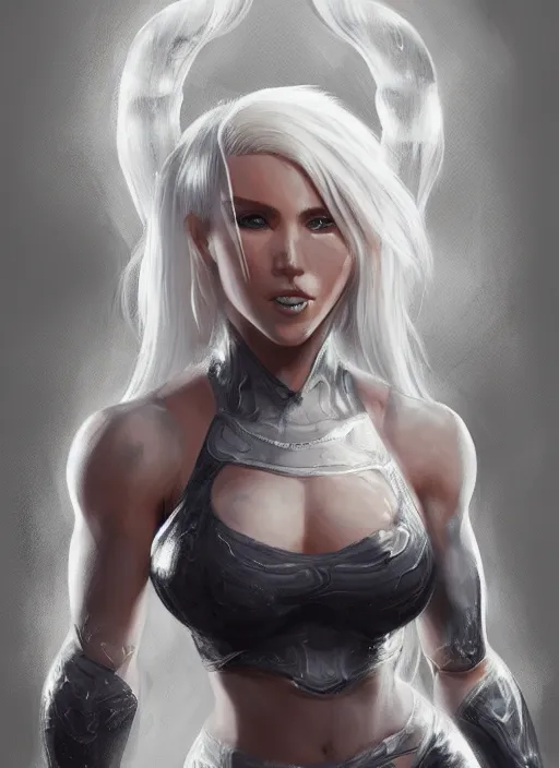 Image similar to a highly detailed illustration of fierce platinum blonde woman wearing mma gear, dramatic smile pose intricate, elegant, highly detailed, centered, digital painting, artstation, concept art, smooth, sharp focus, league of legends concept art, WLOP