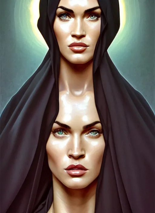 Prompt: portrait of megan fox as a sultry nun, catholic, church, bible, christianism, praying, intrigante, headshot, highly detailed, digital painting, artstation, concept art, sharp focus, cinematic lighting, illustration, art by artgerm and greg rutkowski, alphonse mucha, cgsociety